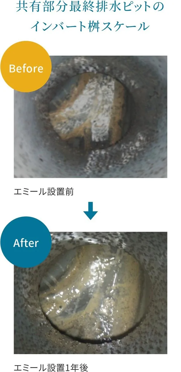 共有部分の最終排水ピットのインバート桝。設置前はスケールが厚く、1年後は減っている