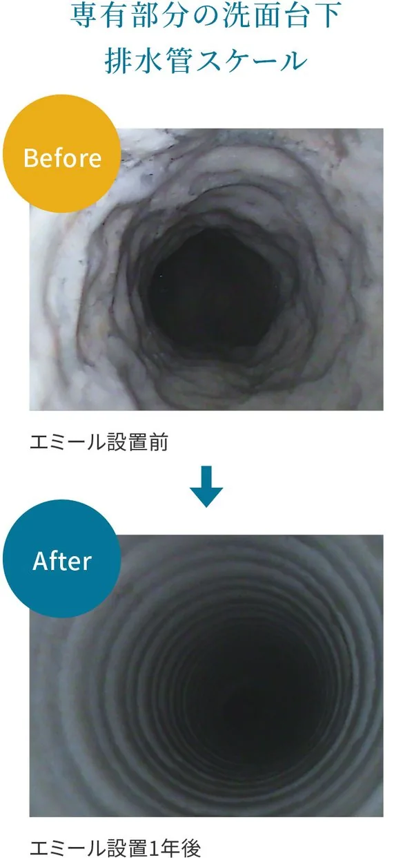 専有部分の洗面台下の排水管。設置前はスケールが付着し、1年後は内面が見えている